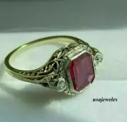 2.10CT Genuine Emerald Cut Ruby 14K Yellow Gold Finish Three Stone Jewelry Ring