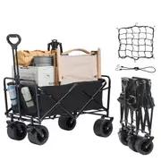 Collapsible Folding Wagon, 3 cu.ft Beach Wagon Cart with All-Terrain Wheels, Heavy Duty Folding Wagon Cart 350 lbs Weight Capacity with Drink Holders, Sports Wagon for Camping, Shopping,