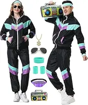[Owurha] 80s Track Suit for Men Women 90s Retro Windbreaker Suit 80s 90s Outfit Men Women 80s Tracksuit for Couples Neon Wind Suit