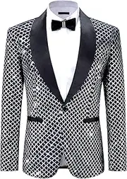 [Lars Amadeus] Sequin Argyle Blazer for Men's Shawl Lapel Disco Prom Party Tuxedo Metallic Shiny Plaid Suit Jacket Sport Coat