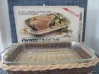 Vintage Pyrex Designs 2QT. Clear Baking Dish in Rattan Basket NIB