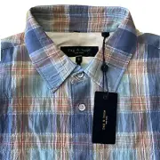 NWT $195 Rag & Bone "Gus" Blue Plaid Crinkle Button Up Men’s Shirt Sz L (THIN)