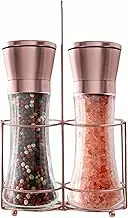 bonris Copper Stainless Steel Salt and Pepper Grinder Set Manual Himalayan Pink Salt Mill|Salt and Pepper Shakers with Adjustable Coarseness and Clear Glass Body (Pack of 2)