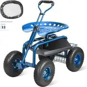 Rolling Garden Cart with Seat and Wheels Extendable Steer Handle Blue