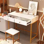 Buildonely Makeup Table Set with Large Desktop, Pre-Assembled Vanity Table with 2 Drawers and Soft Cushioned Stool, Small Vanity Desk Set for Teen Girls and Women, 90x78x40cm