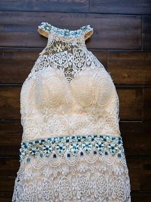 ENVIOUS SPARKLE LACE MESH WHITE IVORY BEADED GEMS PROM FORMAL GOWN DRESS SIZE 6