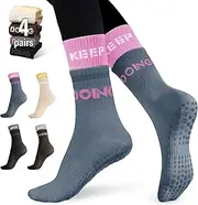 [Vicarah] 4 Pairs Pilates Socks Yoga Socks with Grips for Women Non Slip Barefoot Workout Crew Socks for Pregnant Ballet Dance,Training, Barre,Fitness,Breathable, Workout,Wooden Floor