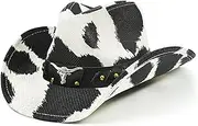 [FLUFFY SENSE.] Cow Print Cowboy Hat for Women Funny Cowgirl Hat Straw Western Hat Bachelorette Party Hat for Teens and Adults
