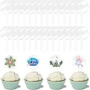 24 Pcs Clear Blank Acrylic Cupcake Toppers Round Acrylic Cupcake Topper Personalized Cupcake Toppers Sticks For Christmas DIY Birthday Festival Party Baby Shower Wedding Party Cupcake Decoration