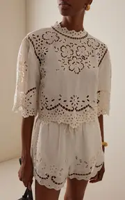 [Sea] Lula Embroidered Linen-Blend Top