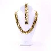 ANTI-TARNISH SOLID 14K GOLD FINISH MIAMI CUBAN LINK CHAIN & BRACELET 18MM 36''