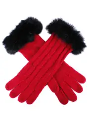 Dents Womens Lambswool Angora Blend Cable Knit Gloves w/ Fur Cuff - Berry/Black