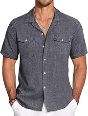 [COOFANDY] Men's Linen Short Sleeve Button Down Shirt Casual Cuban Collar Summer Beach Shirts Vacation Essentials