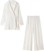 [Generic] Women's 2 Piece Long Sleeve Lace Up Shirt Top High Waisted Wide Leg Pants Set Blouse Top Straight Leg Trousers