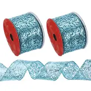 2 Pcs 10 Yard 2.5 Inch Glitter Mesh Wired Ribbon Webbed Sequin Sky Blue