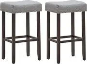 Giantex Set of 2 Saddle Bar Stools, 74 cm H Backless Counter Stool, Brass Nail Head Studs, Upholstered Sponge Cushion & Solid Rubber Wooden Legs, Contemporary, Classical, Elegant Modern (Grey)