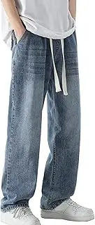 [Aosufei] Men's Retro Loose Fit Solid Jeans Wide Leg Comfort Spring Fall Denim Pants Vintage Casual Solid Jeans Trouser, Mid Blue, 3X-Large