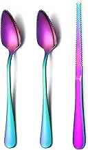 HOMQUEN Rainbow Grapefruit Spoons 3 Pieces Set, 2 Stainless Steel Grapefruit Spoon and 1 Grapefruit Knife with Titanium Plating, Grapefruit Utensil Set, Serrated Edges Spoon Pack of 3 (Rainbow)