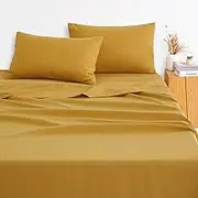 Wake In Cloud - Turmeric Yellow Sheet Set, 1000TC Ultra Soft Microfiber, Fitted Sheet & Flat Sheet & 2 Pillowcases (4pcs, Queen Size)