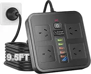 2500W Powerboard USB, 10in1 Power Strip USB C, Power Board Surge Protector With 4-Outlets, 2.9M Power Extension Cord with 4-USB & 1-USBC 2500W Surge Protection, Wall Mountable, for Home Office (Black)