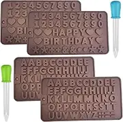 4 Packs Letters and Happy Birthday Numbers Symbols Mold with Liquid Droppers, SourceTon Chocolate Decorating Silicone Tray and Droppers