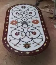 Oval Marble Inlay Coffee Table Handmade Art Home Decor