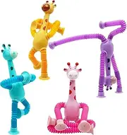 SUKIPIN Pop Tube Giraffe Toy, 4 Pack Telescopic Suction Cup Giraffe Toy, Stretchy Giraffe Suction Toy, Pop Tube Fidget Toys (4 Pack)