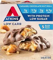 Atkins Caramel Chocolate Nut Roll Snack Bar - High in Fibre, Low Sugar, Protein Snack, 5 Pack