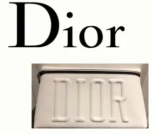Dior 迪奧 簡約浮雕 LOGO 時尚白色化妝包 黑色拉鍊