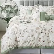 [FADFAY] Floral Bedding Set Queen 100% Cotton Shabby and Chic Beige Green Reversible Duvet Cover Vintage Pink Flower Print Bed Covers Luxury Girls Pretty Bowknot Soft Crisp Zipper Comforter Cover 3Pcs