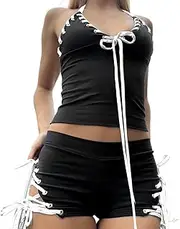 [Best Rose] Black Two Piece Sets Bow Lace Up Halter Backless Top Bodycon Side Criss Cross Shorts Sexy Streetwear Set, Black Short, Small