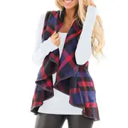 Nevenka Womens Casual Lapel Open Front Plaid Vest Cardigan with Pockets-Blue