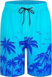 [Yhjoxlp] Mens Swim Trunks Quick Dry Board Shorts with Mesh Lining, Breathable Fit Print Beach Shorts Swimwear Bathing Suits, Sky Blue Palm, Large