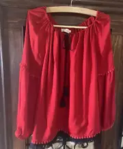 Tory Burch Stunning Boho /Peasant/Tie Blouse Top RED Fringe Tassel