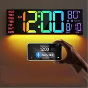 16" Large Alarm Clock with Remote Control, Dual Alarm with Big LED Screen Dispaly, 8 RGB Colors, Auto DST, Temperature for Living Room, Bedroom, Desk Decor, Mounted