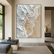 Beige ocean wave abstract landscape painting, white wave texture wall art, beige abstract art, modern natural home decor