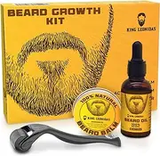 [King Leonidas] Beard Growth Kit with Derma Roller 0.3 mm Microneedling Tool for Men, Professional Facial Hair Care with Beard Balm and Beard Oil