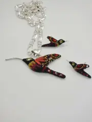 Red Fire Opal Crystal Pendant Silver Pearl Beaded Hummingbird Charm Earrings Set