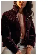 NWT Anthropologie Vera Sequined Velvet Puffer Jacket Wine Size XS