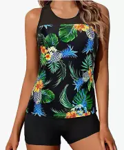 Yonique Women's Tropical Black Racer Back Two Piece Tankini Swim Suit Sz XL