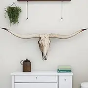 BKCEHCRS Cow Skull Wall Decor,Long Horn Cow Skull Wall Hanging, Faux Longhorn Skull Faux Taxidermy Head Wall Decor Handmade Simulation Large Bull's Head Farmhouse Decor Wall