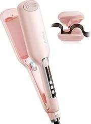 Beach Waves Curling Iron, Ionic 2 Barrel Hair Crimper Wand for Women, Ceramic Anti-Scald Waver with Adjustable Heat, 1.1 Inch Pink, Easy to Use for Long-Lasting Shiny Curls