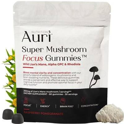Auri Super Mushroom Focus Gummies - w/Lion's Mane Alpha GPC & Rhodiola - Mush...