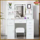 Modern Dressing Table Makeup Lighted Mirror with Drawers Vanity Cabinet Stool