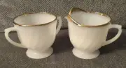 Vintage Fire King Ware Creamer and Sugar Bowl Set Swril White with Gold Trim