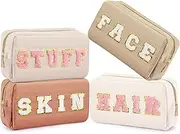 4 Pcs Preppy Patch Makeup Bag Corduroy Cosmetic Bag Makeup Accessories Skincare Pouch Chenille Letter Portable Zipper Face Pouch Cute Toiletry for Women Travel, Pink Brown Series Color