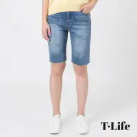 在飛比找momo購物網優惠-【T.Life】休閒率性刷破合身五分牛仔褲(1色)