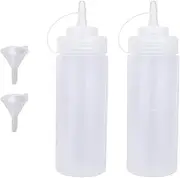 Katfort Condiment Squeeze Bottles, 2PCS 12 Ounce Plastic Sauce Bottles with Cap Lids and Funnel, Ideal for Sauce, Ketchup, BBQ, Dressing, Paint, Workshop, Pancake Art Dispenser, and More