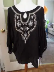 NEW NWT Ladies Size 2X One World Live & Let Live Gold on Black Rayon BOHO Top