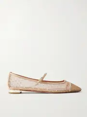 [Aquazzura] Aquazzura - Juliette Suede-trimmed Embroidered Mesh Mary Jane Ballet Flats - Neutral - IT38 IT 38 Neutrals